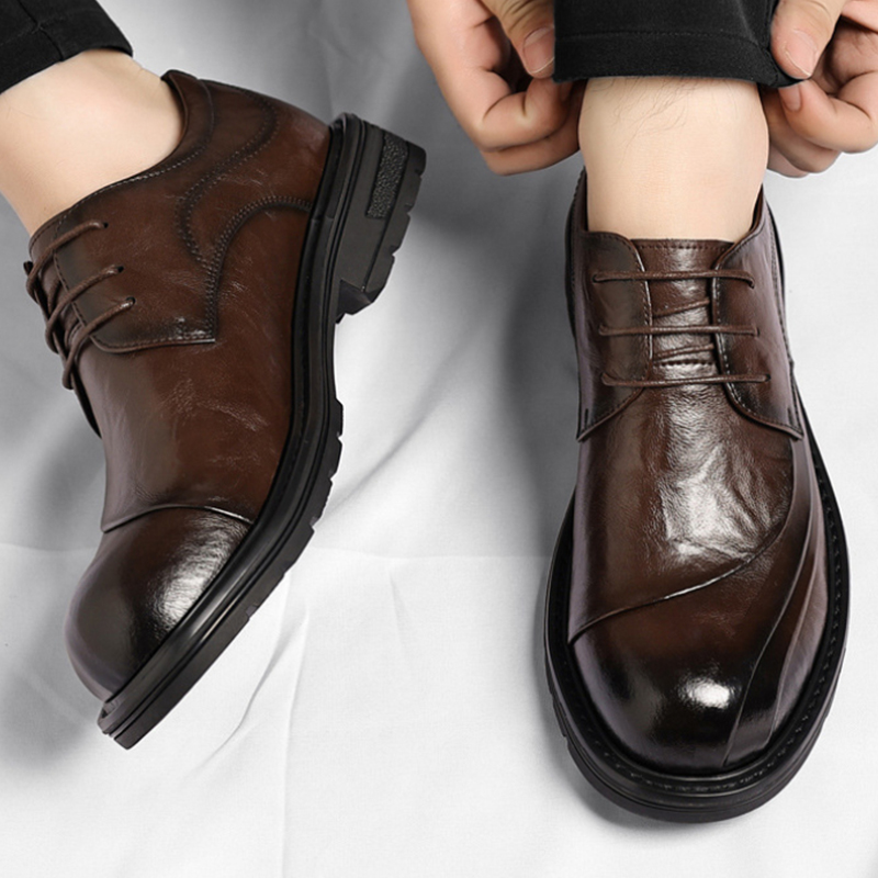 Men'S Formal Wear For Office - Kahverengi Parlatılmış Hakiki Deri Bağcıklı Kalın