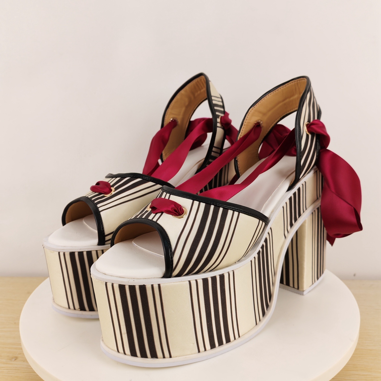 Satin Bow Tie - Kadın Çizgili Kanvas Kalın Topuklu Platform