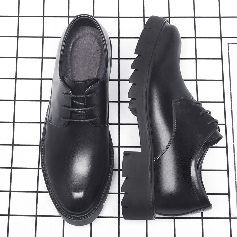Men'S Formal Wear For Office - Erkek Siyah Deri Bağcıklı Kalın Tabanlı