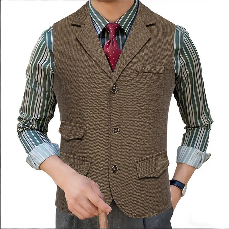 Men'S Formal Wear Waistcoat - Erkek Balıksırtı Desenli Tüvit Yelek, Çentikli